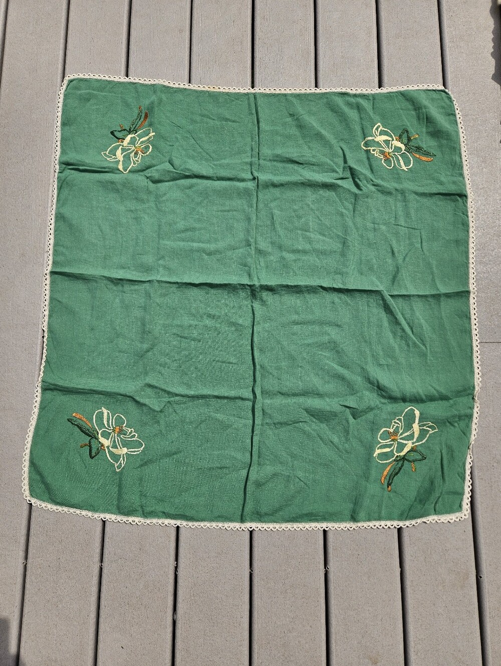 Vintage Green Tablecloth Topper Embroidered Floral Linen Lace Trim 31x34